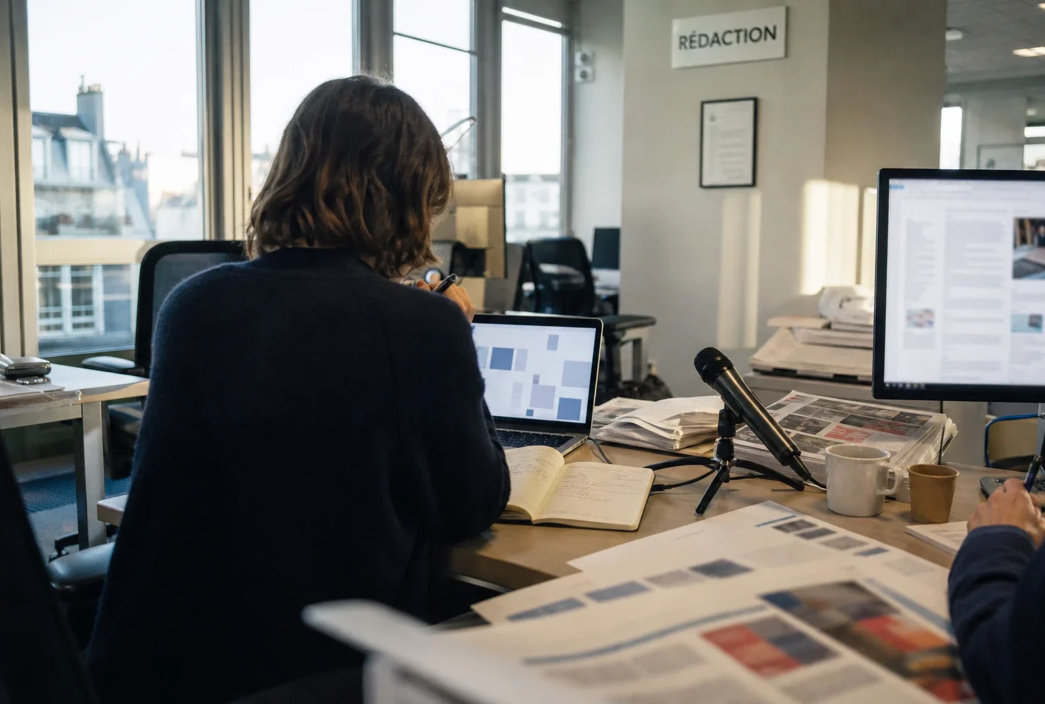 Rédaction française en lumière naturelle avec journaliste, micro sans logo, écrans flous et notes de travail sur un sujet politique.