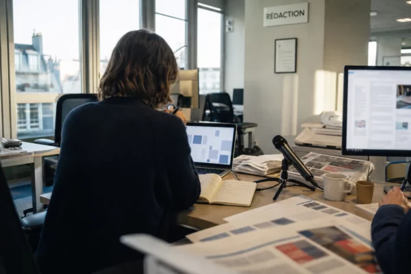 Rédaction française en lumière naturelle avec journaliste, micro sans logo, écrans flous et notes de travail sur un sujet politique.