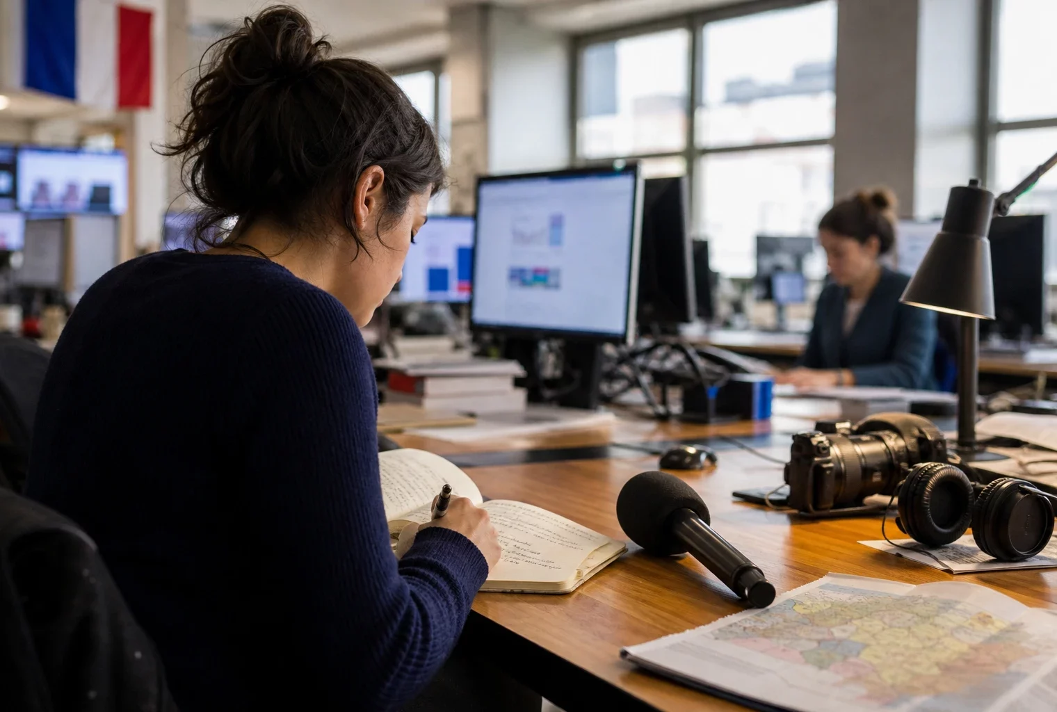 Un journaliste prépare un sujet politique dans une rédaction française, avec carnet, micro et écrans flous en arrière-plan.
