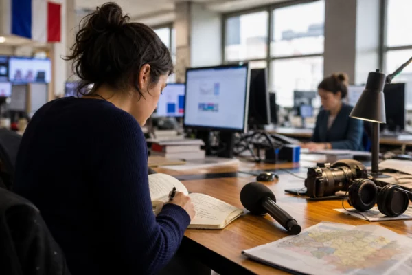 Un journaliste prépare un sujet politique dans une rédaction française, avec carnet, micro et écrans flous en arrière-plan.