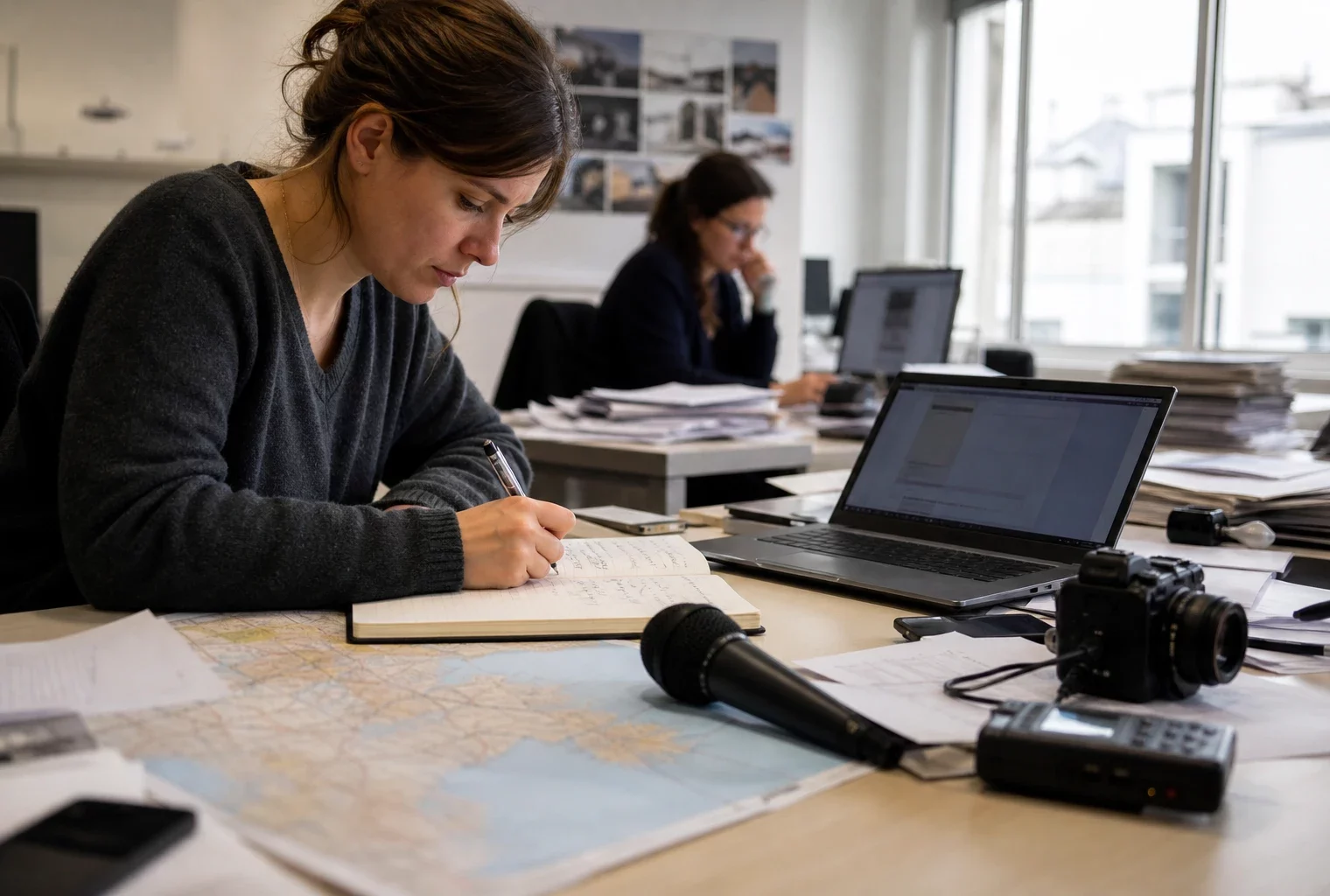 Un journaliste en rédaction prépare un sujet sur l’immigration, avec carnet, micro sans logo et écran flou.