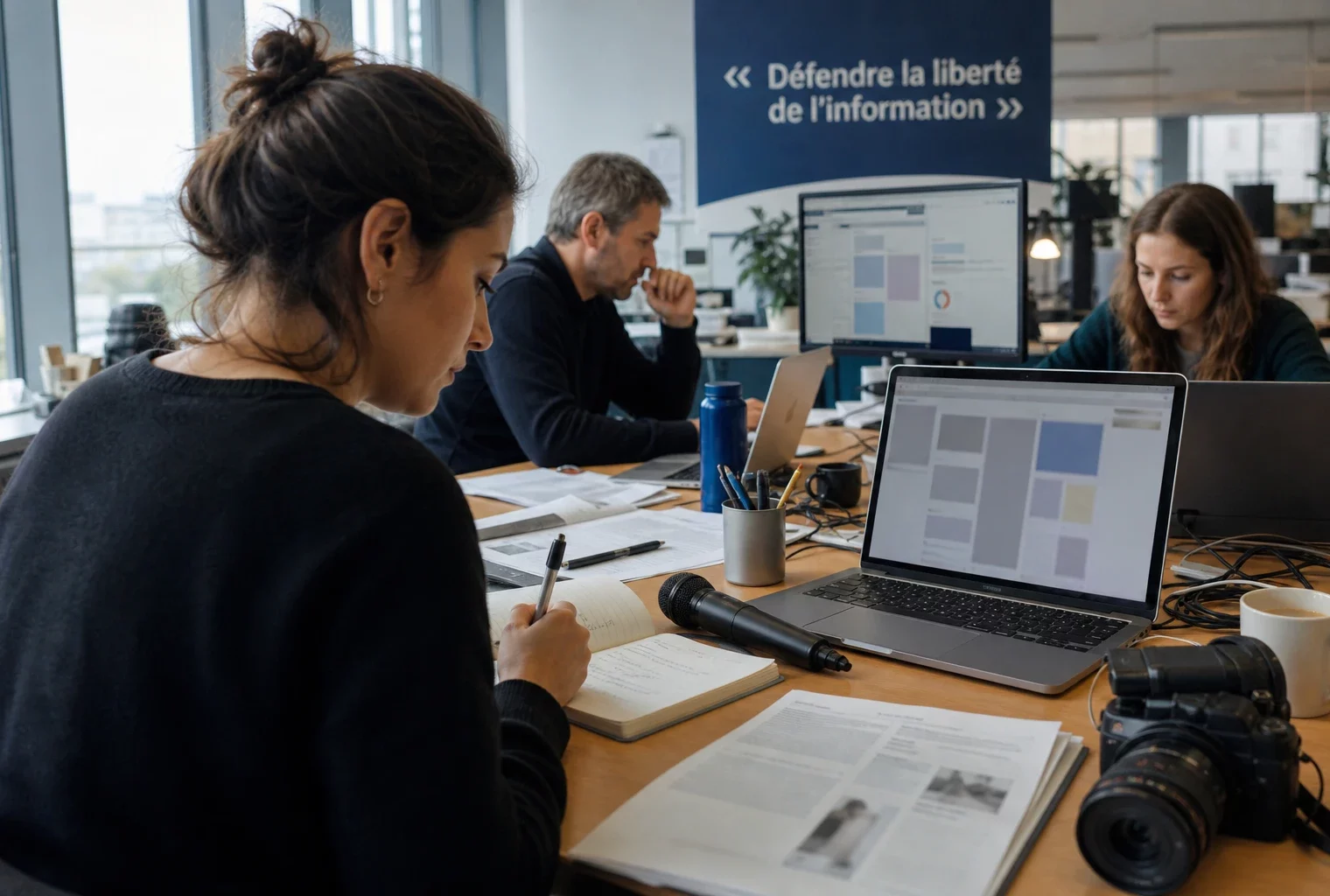 Journalistes en rédaction préparant un sujet sur la régulation de l’information en ligne, avec écran flou et micro sans logo.