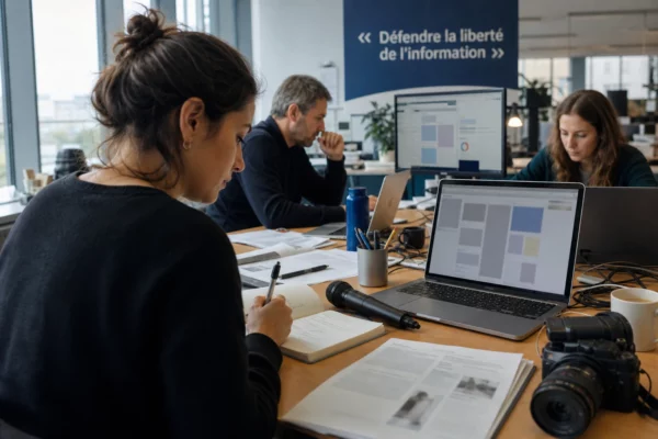 Journalistes en rédaction préparant un sujet sur la régulation de l’information en ligne, avec écran flou et micro sans logo.