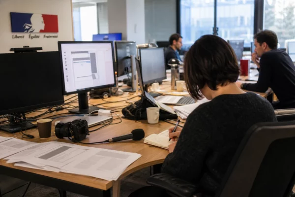 Journalistes en rédaction préparant un sujet politique, avec micro, carnets et écrans flous dans une ambiance lumineuse.