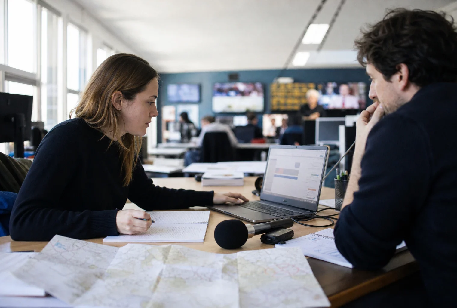 Journaliste en rédaction préparant une analyse politique avec carnet, micro et carte papier floue