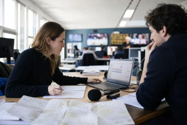 Journaliste en rédaction préparant une analyse politique avec carnet, micro et carte papier floue
