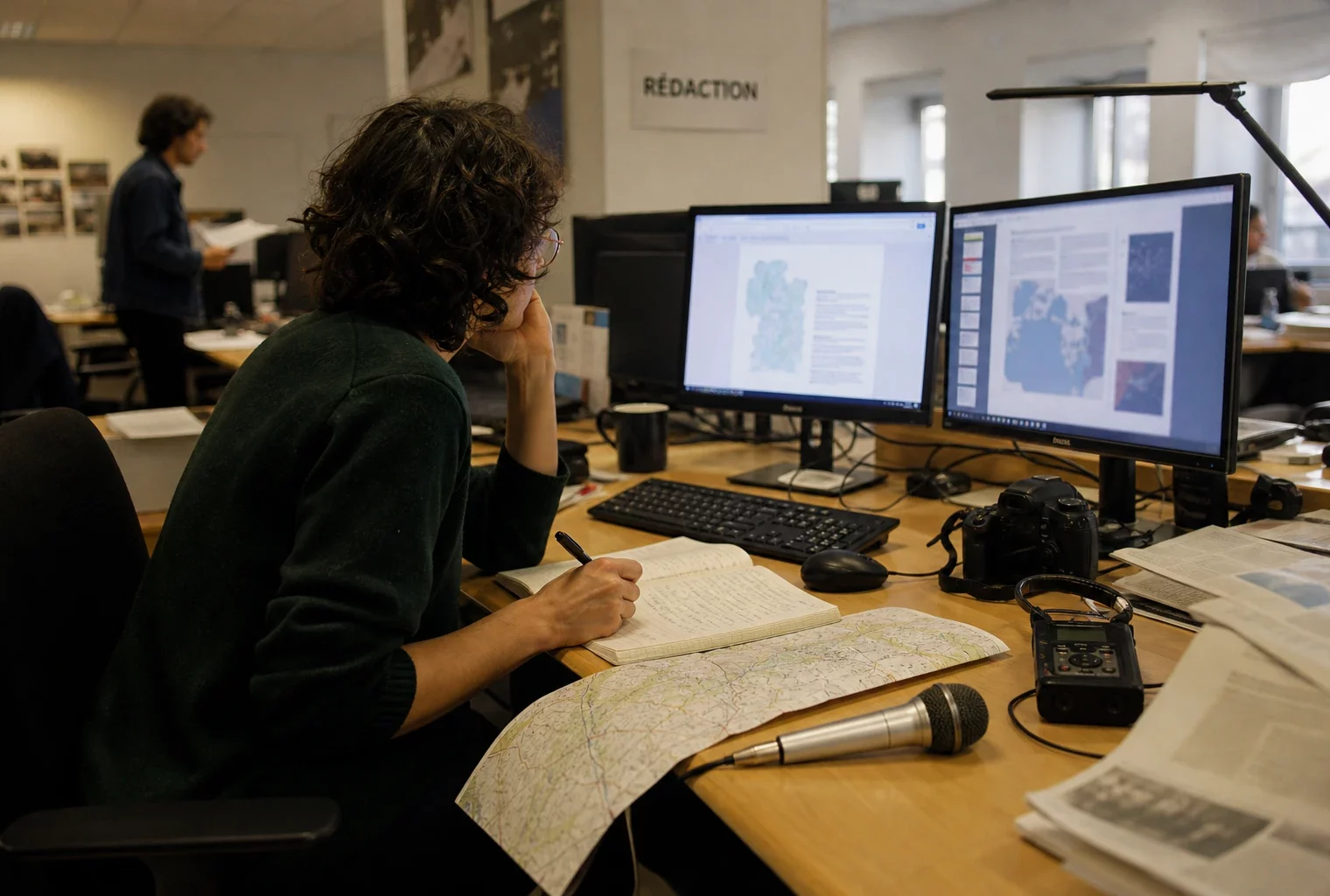 Journaliste en rédaction préparant un sujet agricole avec carnet, micro et écrans flous sous une lumière naturelle.