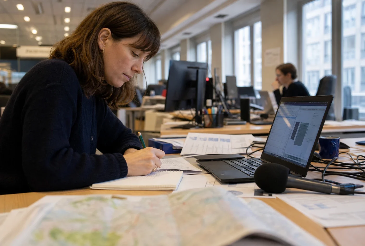 Journaliste en rédaction préparant un sujet territorial, carnet ouvert, micro sans logo et écrans flous en lumière naturelle.