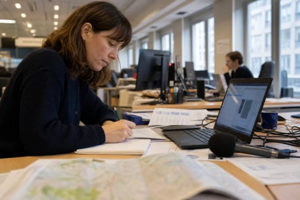 Journaliste en rédaction préparant un sujet territorial, carnet ouvert, micro sans logo et écrans flous en lumière naturelle.