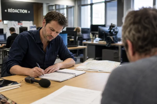 Journaliste en rédaction locale préparant un sujet politique avec carnet, micro et carte papier floue