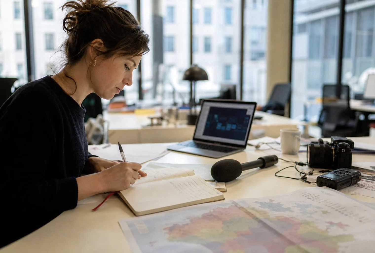 Journaliste en rédaction préparant un sujet politique avec carnet, micro et carte papier floue, lumière naturelle claire.