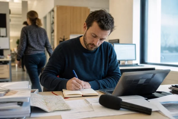 Journaliste en rédaction préparant un sujet politique, avec carnet, micro sans logo et carte papier floue.