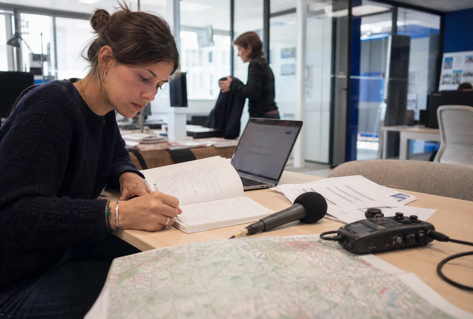 Journaliste dans une rédaction française préparant un sujet sur les hôpitaux et la canicule, carnet, micro et carte floue.