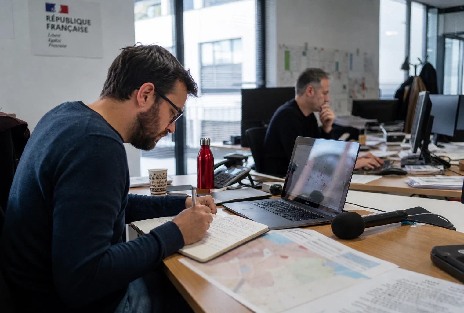 Journaliste en rédaction préparant un sujet territorial avec carnet, micro sans logo et carte papier floue