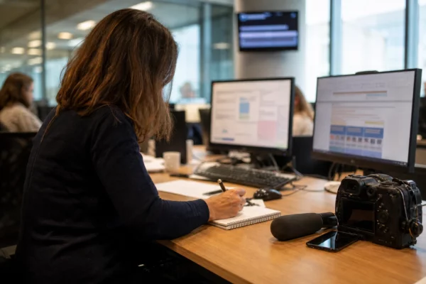 Un journaliste prépare un direct dans une rédaction moderne, avec caméra, micro et écrans flous.