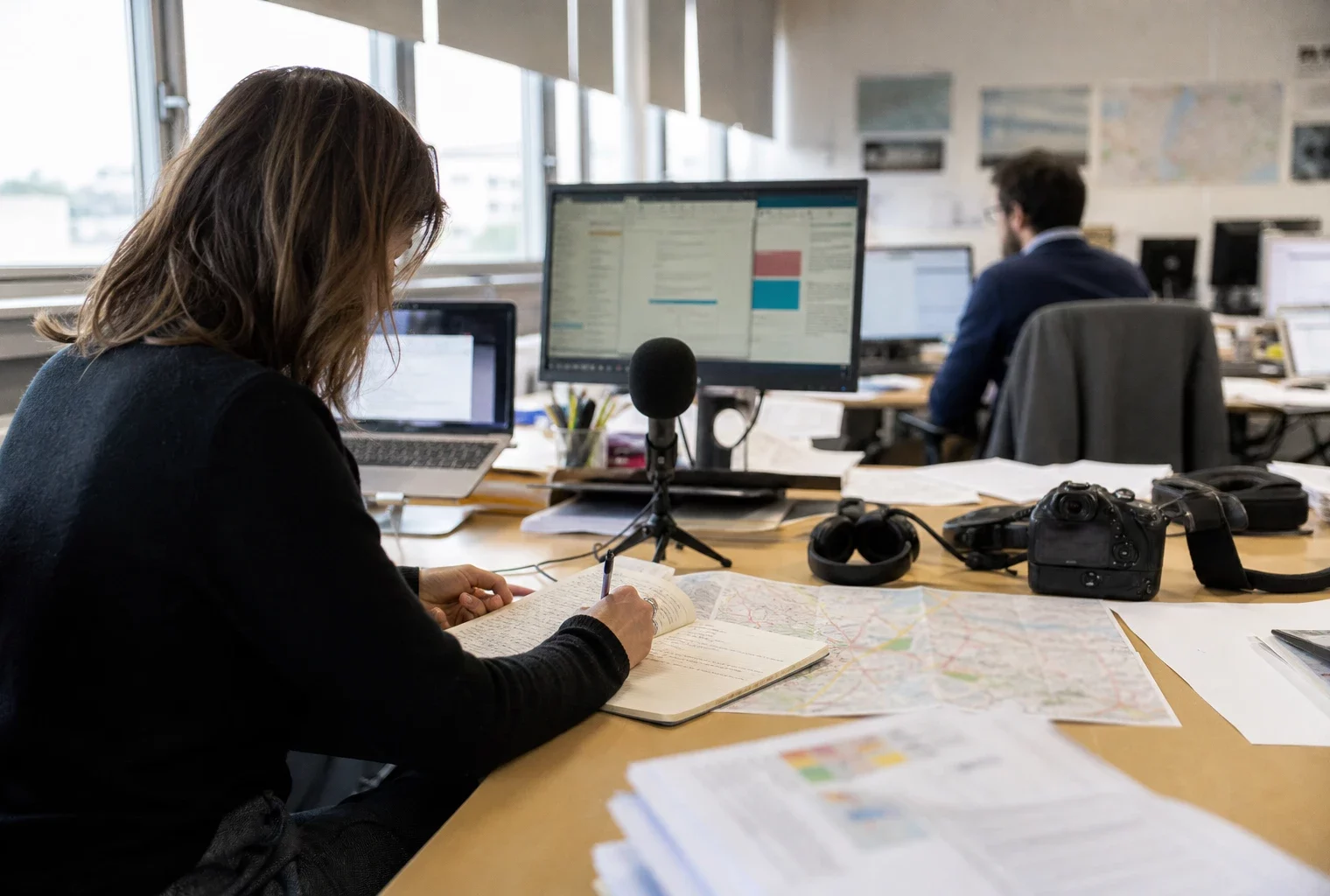 Journaliste dans une rédaction locale préparant un sujet politique avec carnet, micro et carte floue