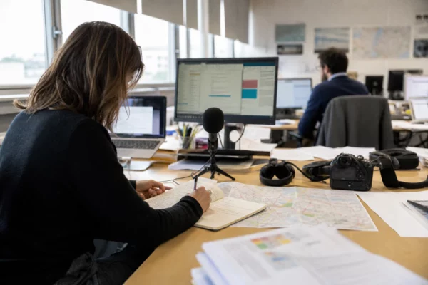 Journaliste dans une rédaction locale préparant un sujet politique avec carnet, micro et carte floue