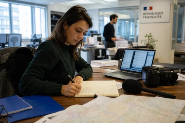 Un journaliste prépare un sujet sur les LGBTphobies à l’école dans une rédaction française lumineuse.