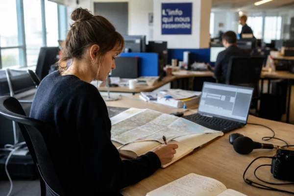 Journaliste en rédaction préparant un sujet sur l’adaptation aux canicules, avec carnet, micro et carte floue.