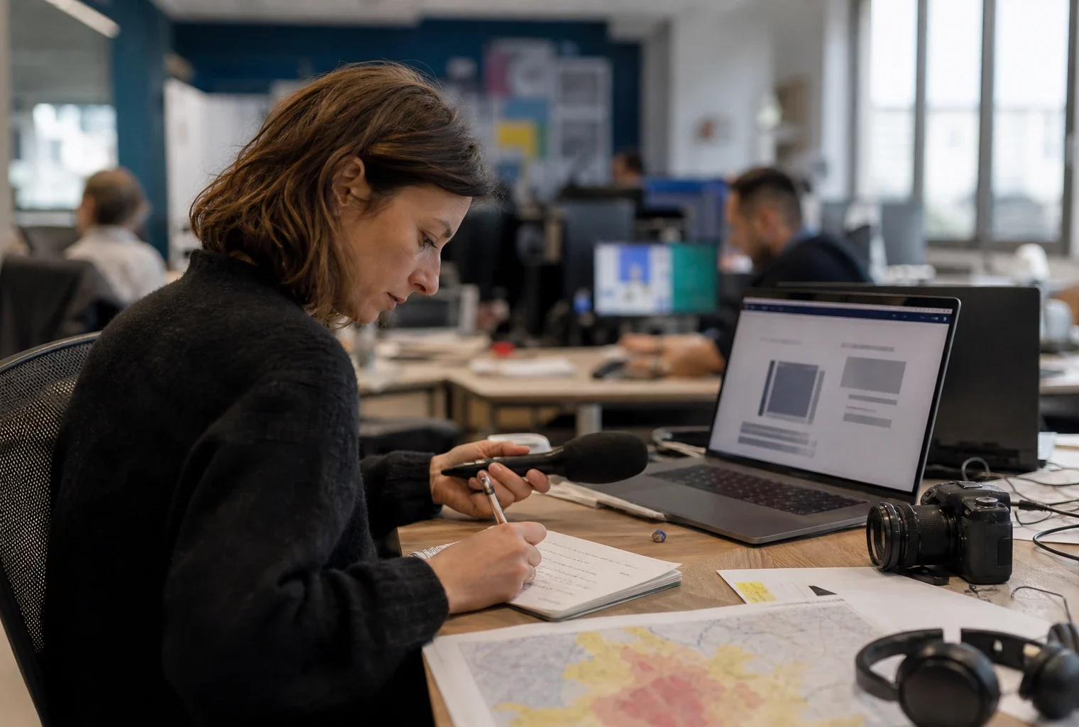 Journaliste en rédaction préparant un sujet sur le plan canicule, avec carnet, micro et écrans flous.
