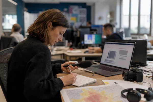 Journaliste en rédaction préparant un sujet sur le plan canicule, avec carnet, micro et écrans flous.
