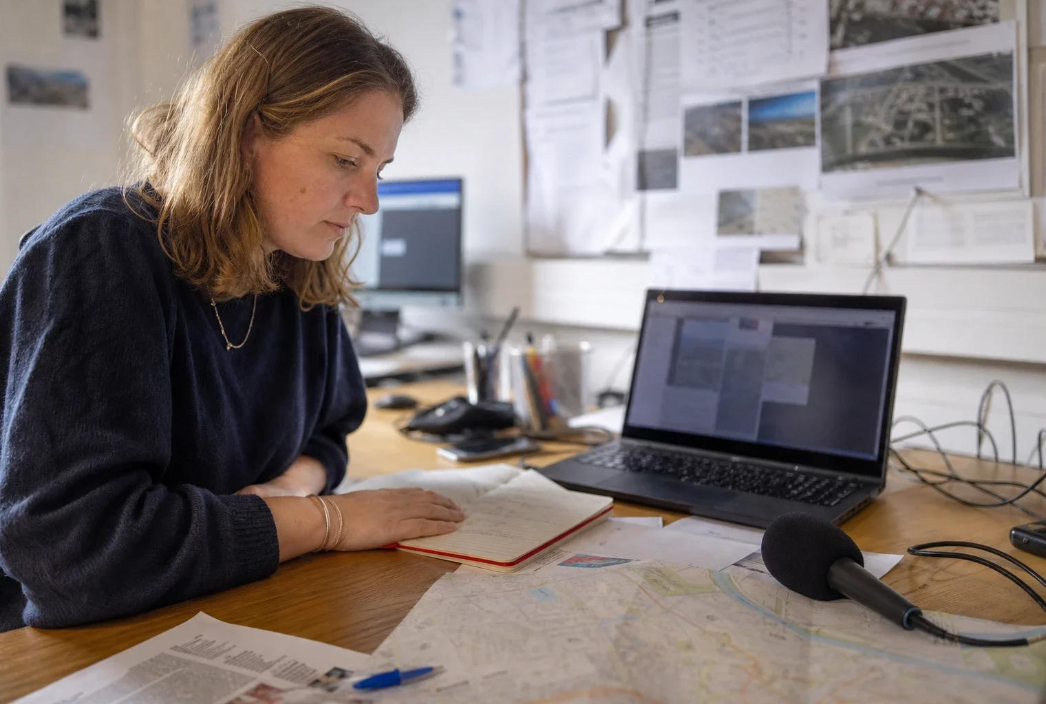 Journaliste dans une rédaction locale préparant un sujet sur Grenoble, avec carnet, micro sans logo et carte papier floue.