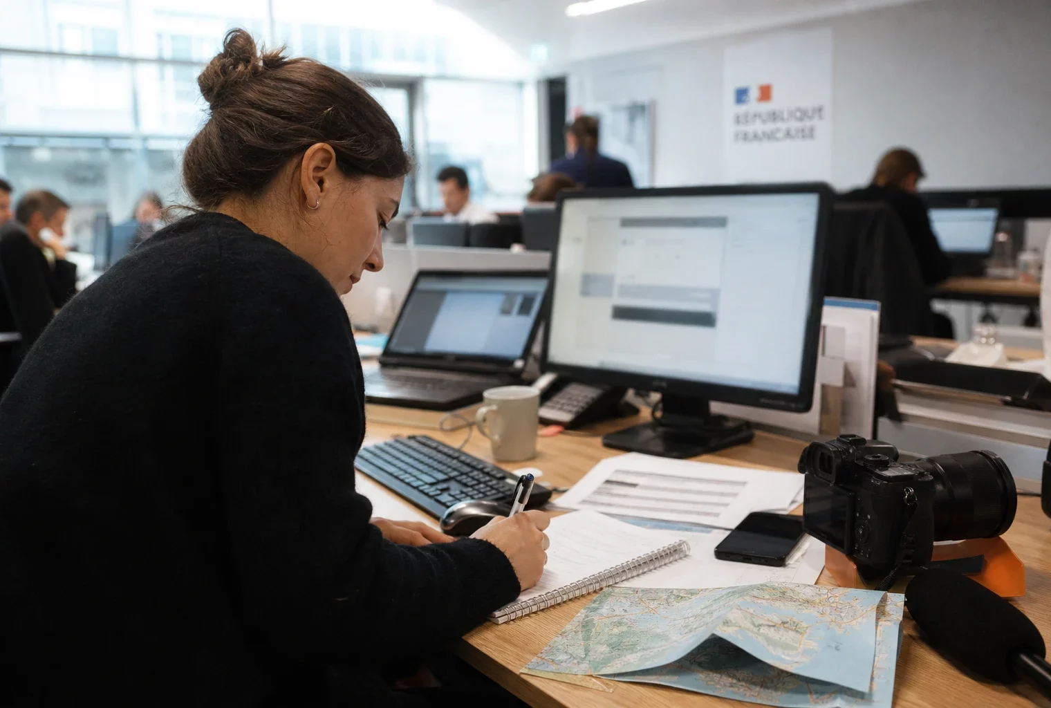 Journaliste préparant un sujet politique dans une rédaction locale, avec carnet, micro et carte floue.