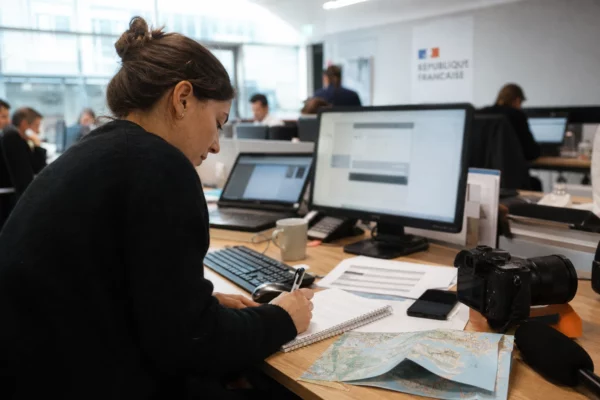 Journaliste préparant un sujet politique dans une rédaction locale, avec carnet, micro et carte floue.