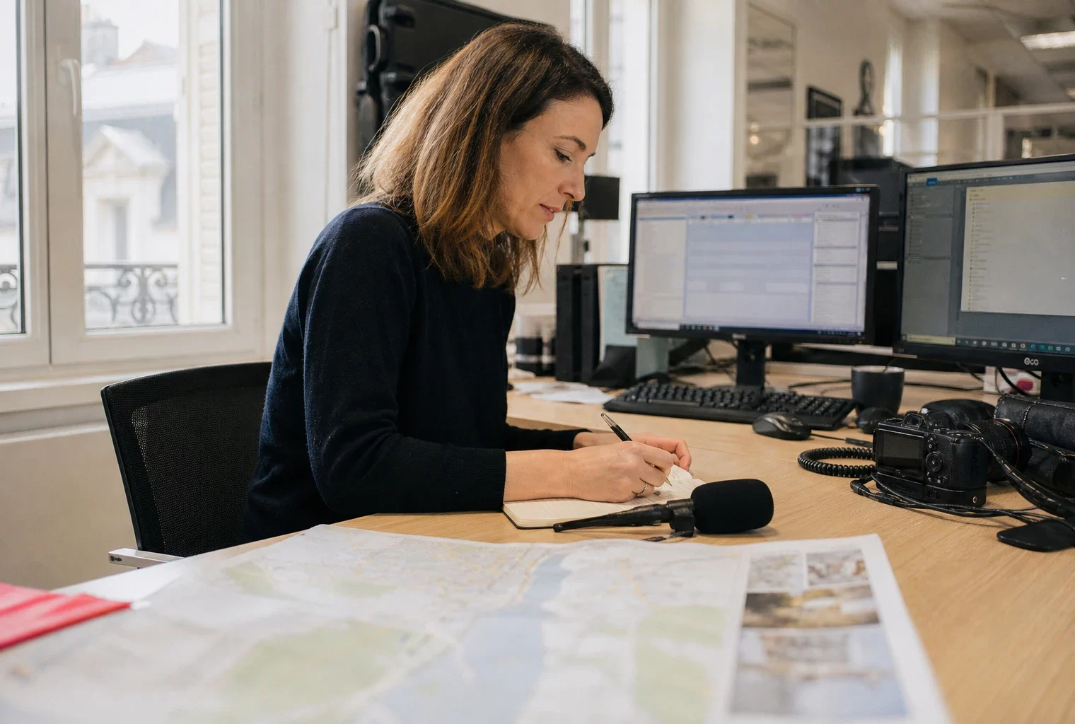 Journaliste en rédaction préparant un sujet local avec carnet, micro sans logo et carte papier floue près d’une fenêtre.