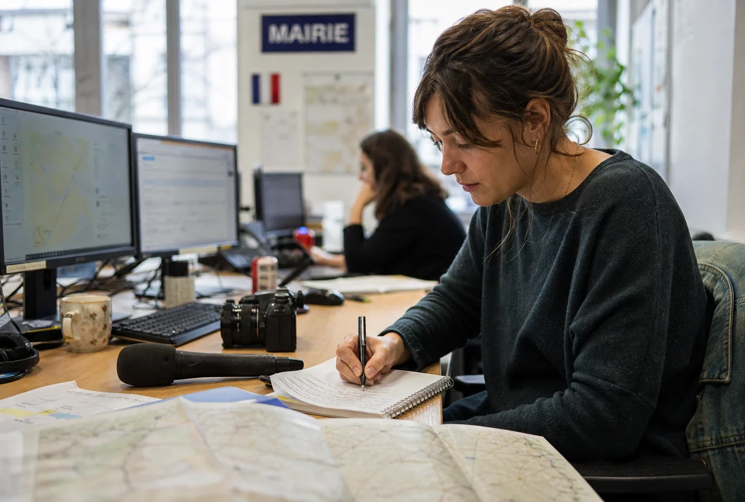Journaliste en rédaction préparant un sujet sur le logement avec carnet, carte floue et micro sans logo.