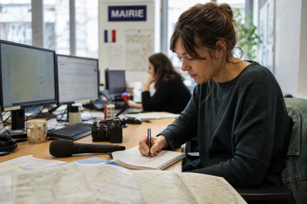 Journaliste en rédaction préparant un sujet sur le logement avec carnet, carte floue et micro sans logo.