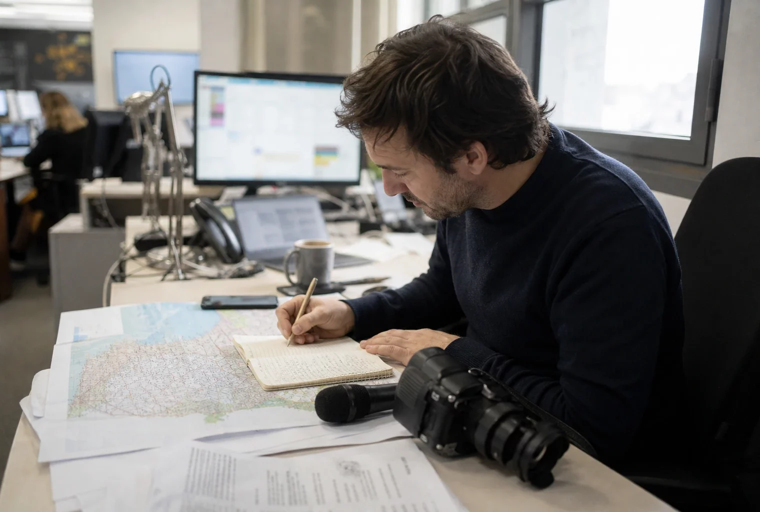 Journaliste dans une rédaction française préparant un sujet territorial avec carnet, micro et carte floue.