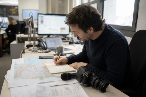 Journaliste dans une rédaction française préparant un sujet territorial avec carnet, micro et carte floue.