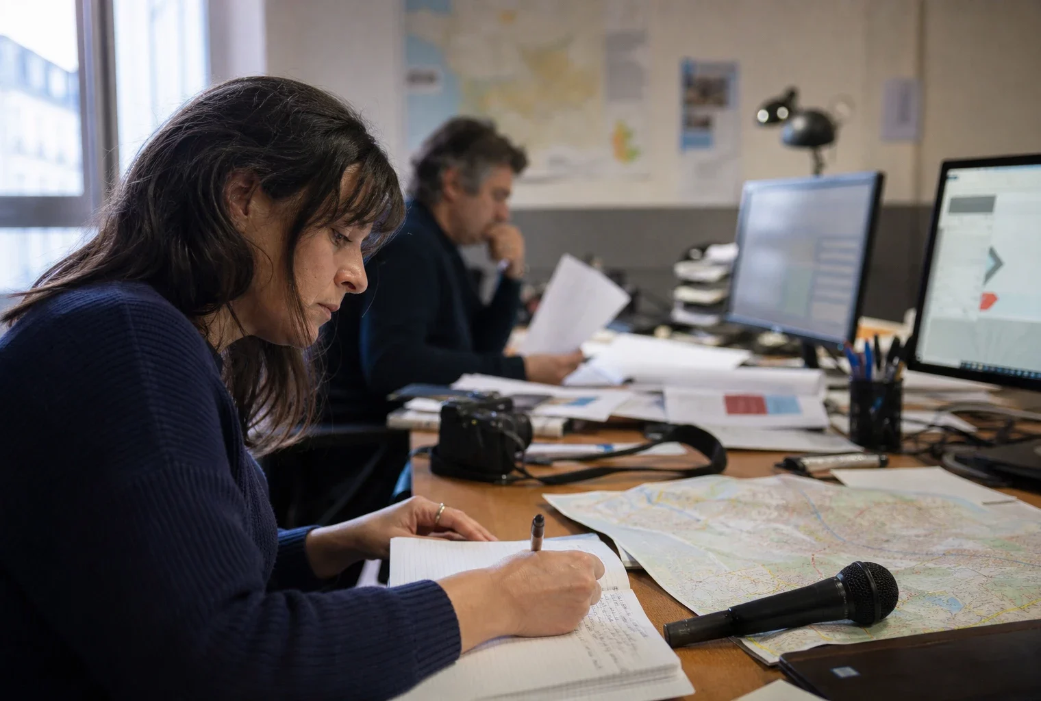 Journaliste en rédaction locale préparant un sujet sur Saint-Denis, avec carnet, carte floue et micro sans logo.