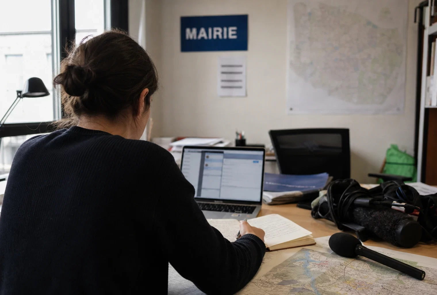 Journaliste en rédaction préparant un sujet territorial avec carnet, micro et carte floue de Seine-Saint-Denis