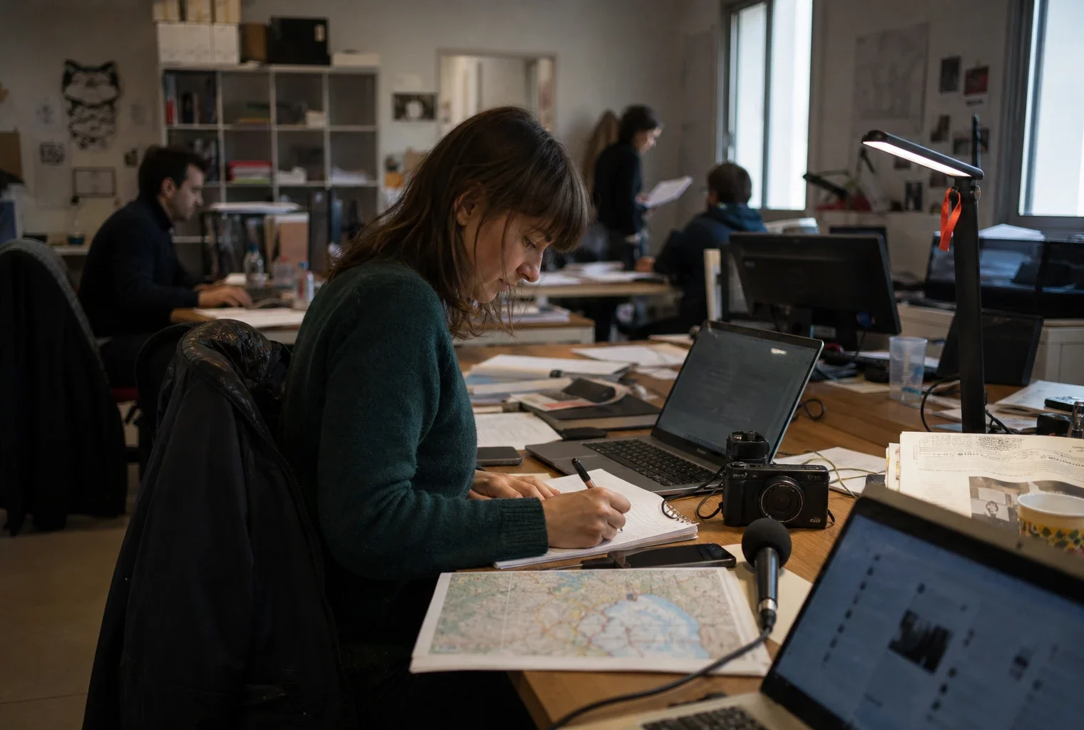 Journaliste en rédaction locale préparant un sujet sur les incendies, avec carnet, micro et écrans flous.