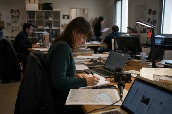 Journaliste en rédaction locale préparant un sujet sur les incendies, avec carnet, micro et écrans flous.