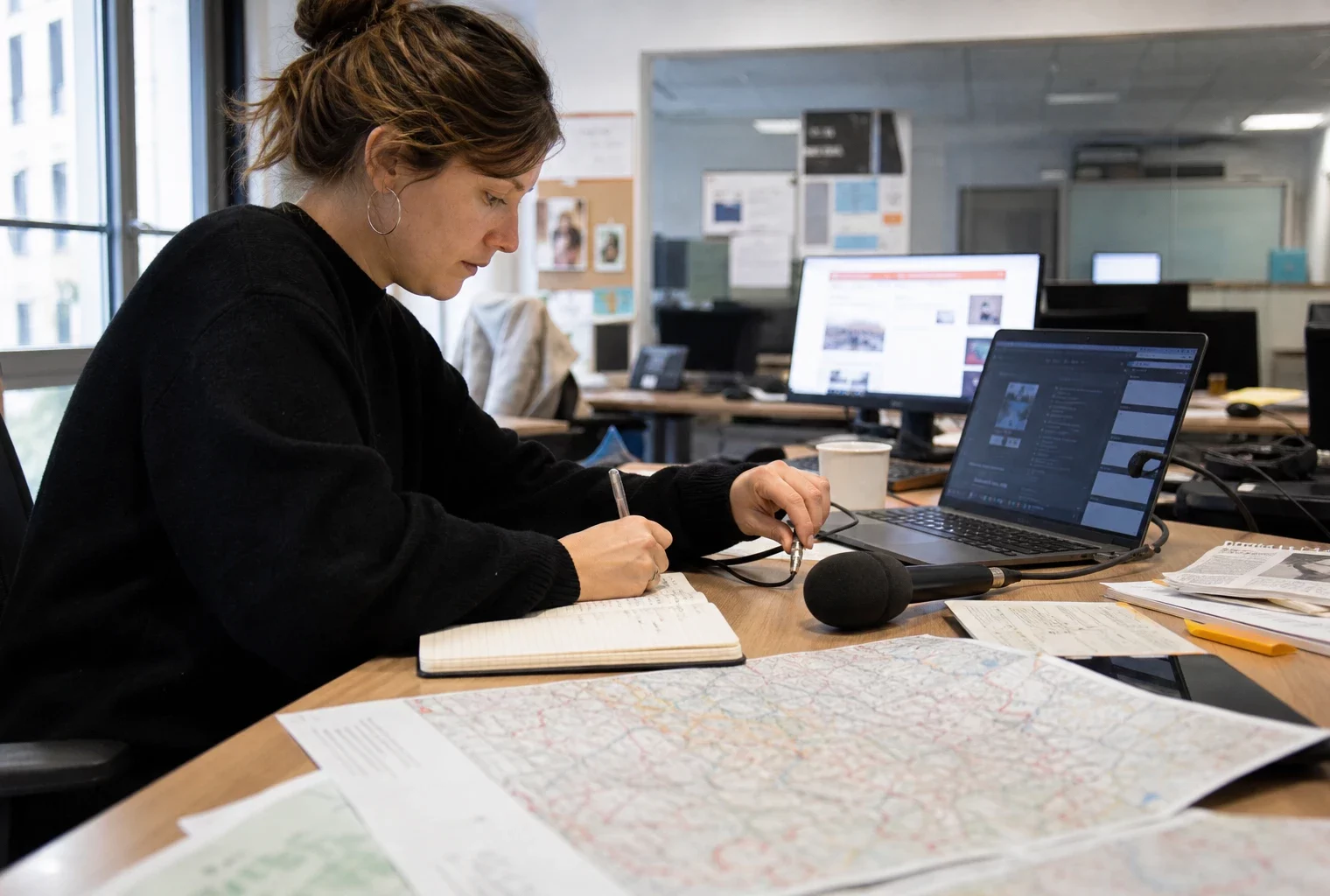 Un journaliste en rédaction prépare un sujet territorial avec carnet, carte papier floue et micro sans logo.