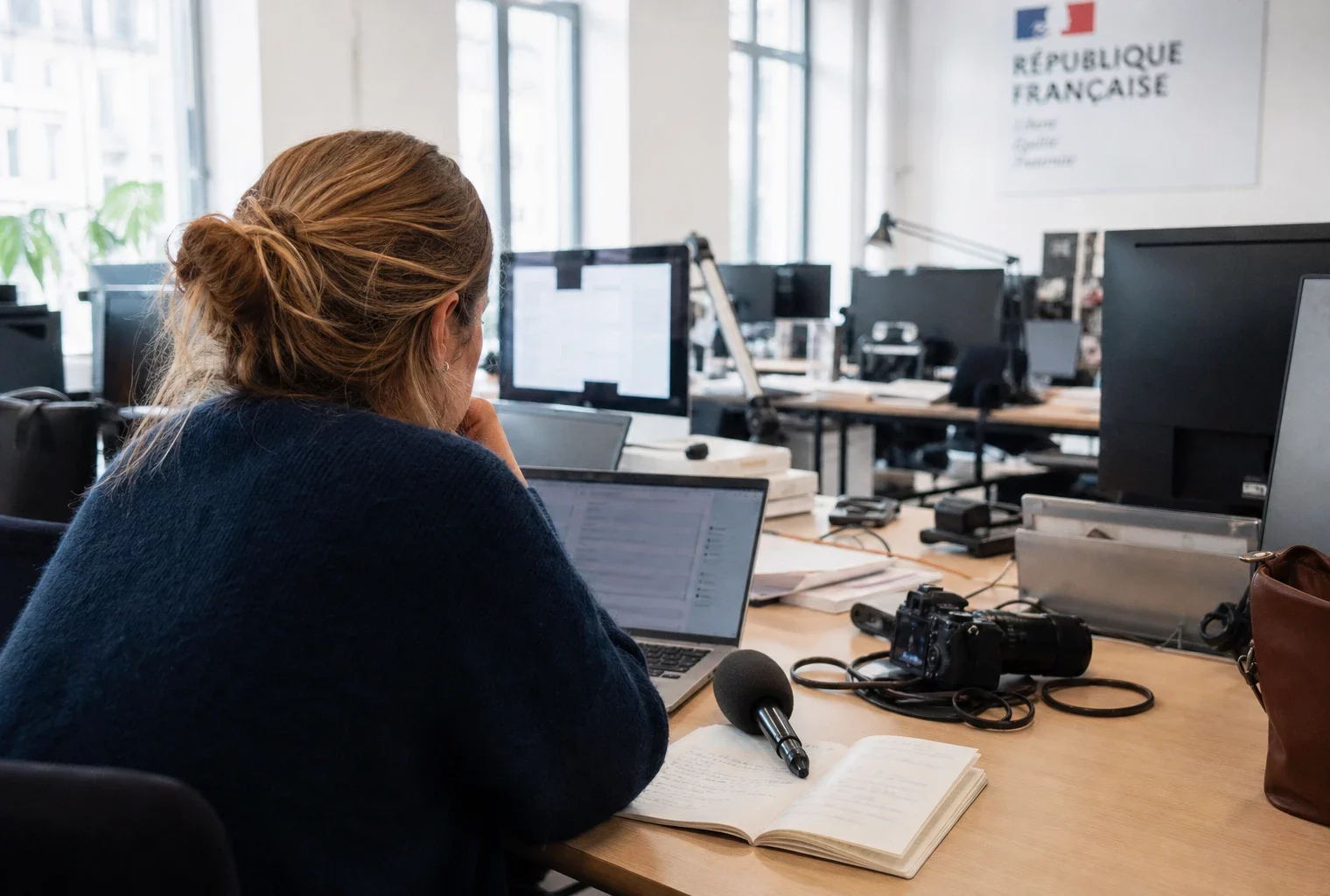 Journaliste dans une rédaction française, avec micro, carnet et écrans flous pour un sujet politique sur l’aide à mourir