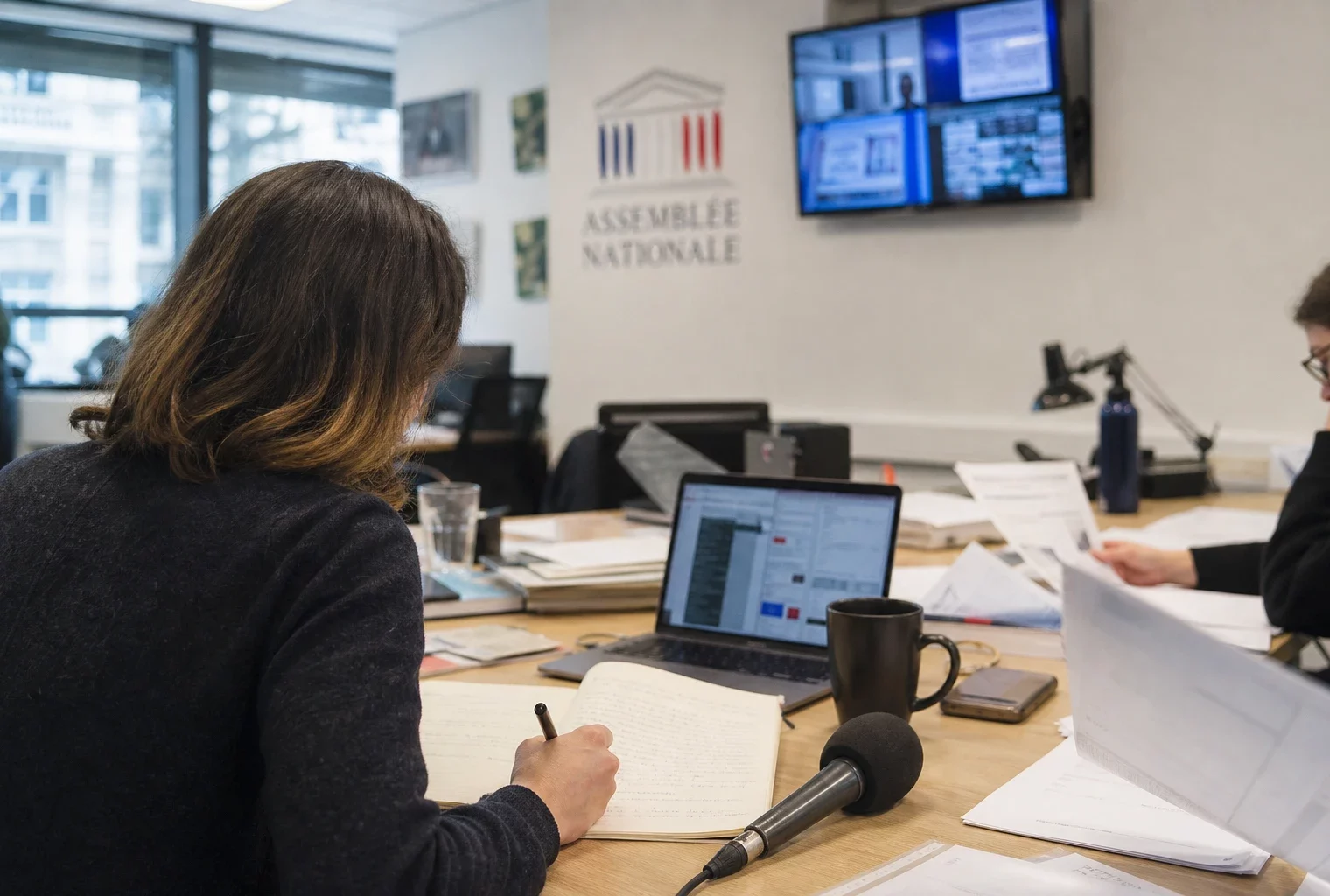 Journaliste en rédaction préparant un sujet sur la fin de vie, avec micro, carnet et écrans flous.