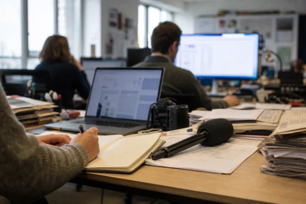 Dans une rédaction française, un journaliste prépare un sujet politique avec carnet, micro et écrans flous.