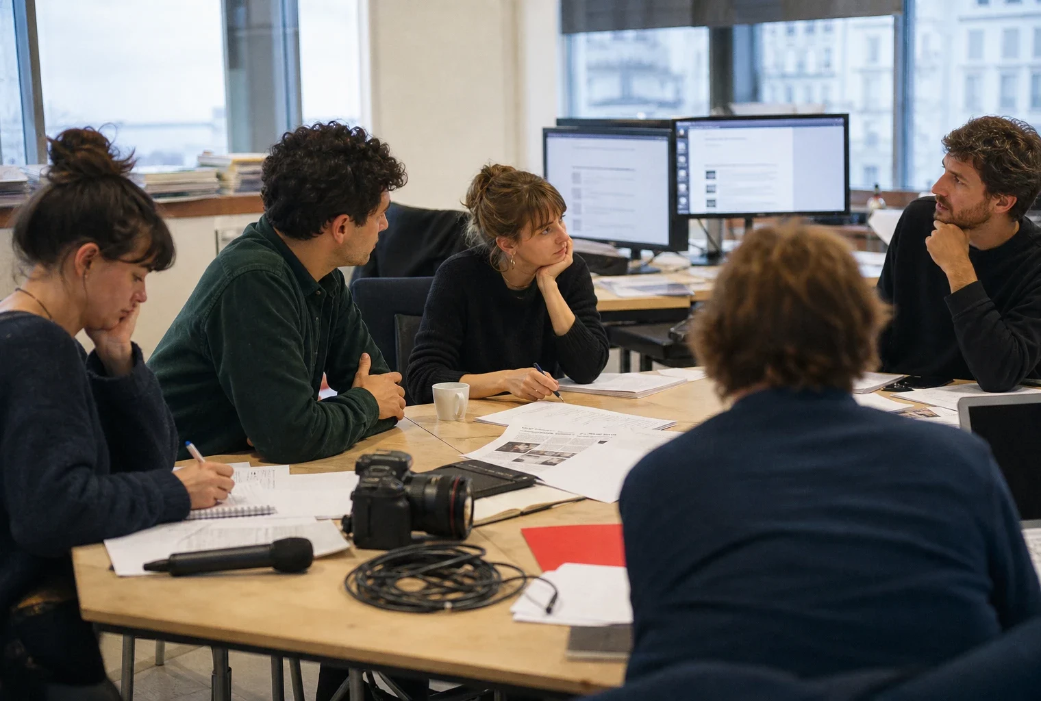 Réunion de rédaction française avec écrans flous, carnet, micro sans logo et ambiance de presse contemporaine.