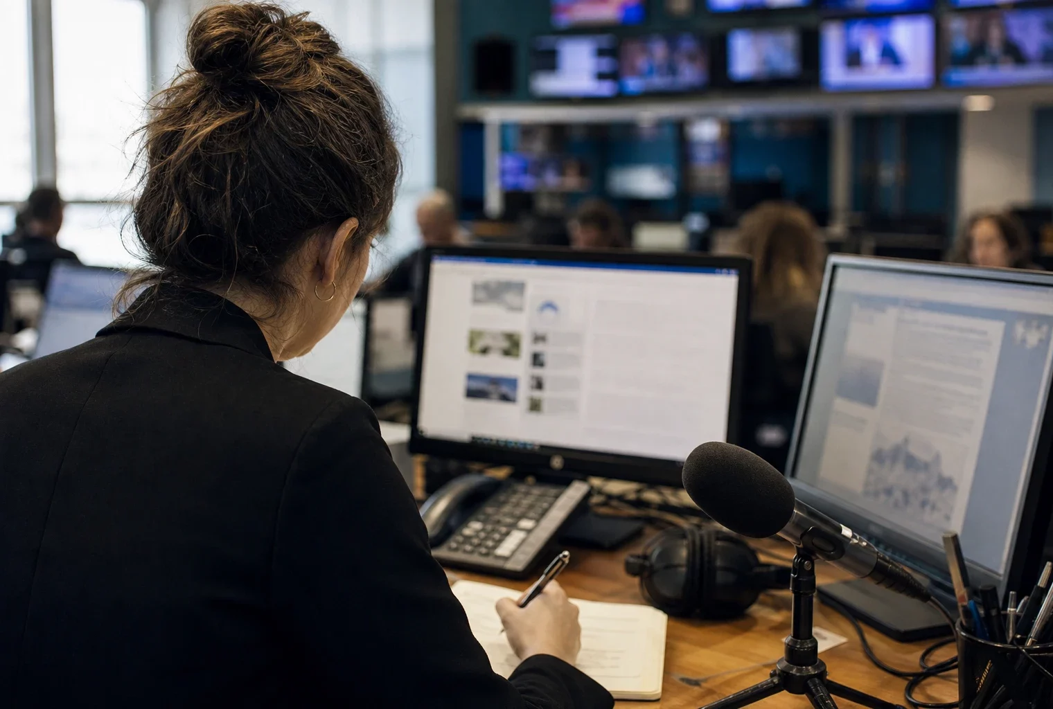 Journaliste préparant un sujet politique dans une rédaction, avec micro sans logo, écrans flous et carnet ouvert.