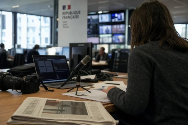 Journaliste en rédaction française préparant un sujet politique, avec micro, caméra et écrans flous en arrière-plan.