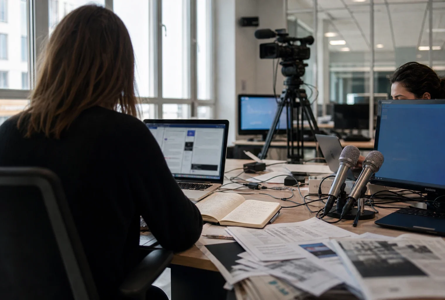 Journaliste en rédaction parisienne avec écrans flous, caméras et micros, dans une ambiance claire de presse.
