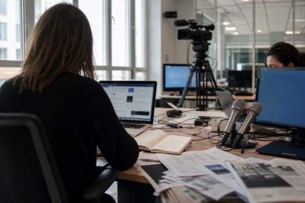 Journaliste en rédaction parisienne avec écrans flous, caméras et micros, dans une ambiance claire de presse.