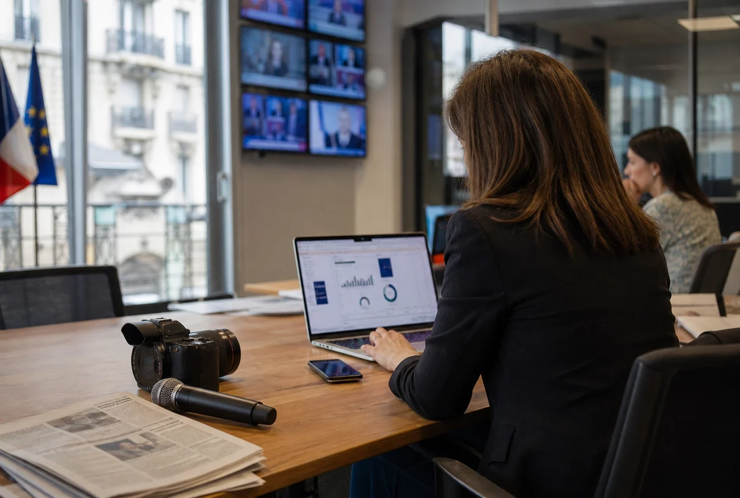 Une rédaction parisienne avec journaliste, caméra et écrans flous sur l’actualité européenne.
