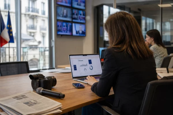 Une rédaction parisienne avec journaliste, caméra et écrans flous sur l’actualité européenne.