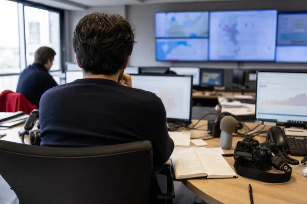 Journaliste dans une rédaction parisienne, face à des écrans flous et du matériel de presse sur un bureau lumineux.