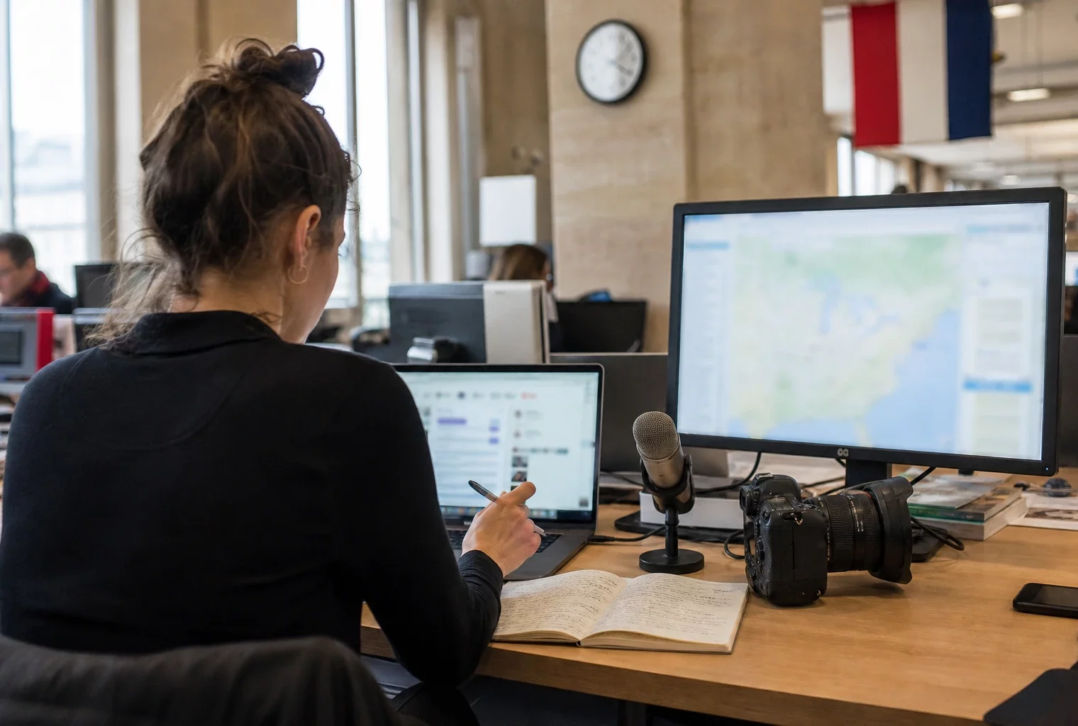 Journaliste dans une rédaction parisienne préparant un sujet sur un déplacement diplomatique, avec caméra et écrans flous.